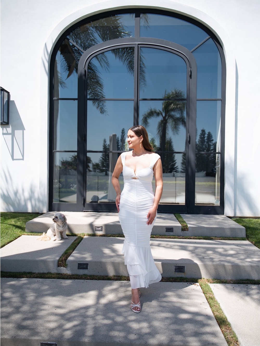 Michael Costello White Ruched Midi Dress with Ruffle Hem